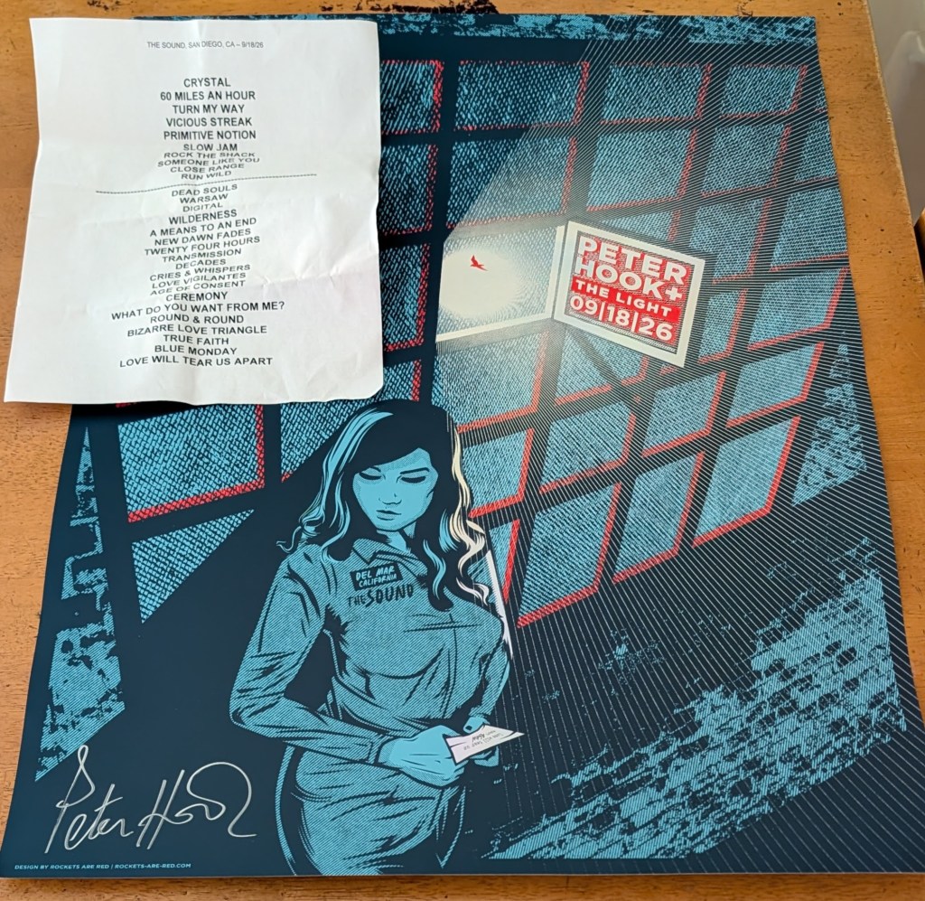 A concert setlist featuring song titles, placed on top of a colorful graphic design of a woman holding a note, with a city building backdrop and the name 'Peter Hook' displayed prominently.